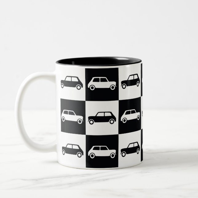 Black Chequerboard Mini Cooper Two-Tone Coffee Mug (Left)