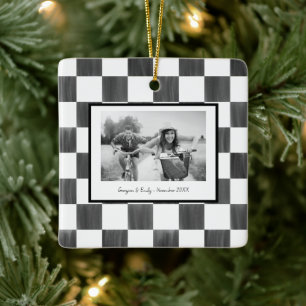 Black Chequerboard Personalized Photo Ceramic Ornament