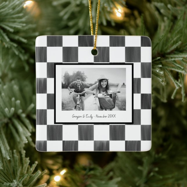 Black Chequerboard Personalized Photo Ceramic Ornament (Tree)
