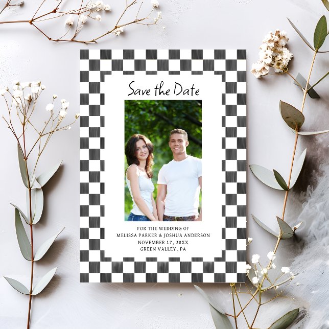 Black Chequerboard Photo Save the Date Invitation (Creator Uploaded)