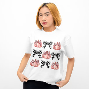  Black Chequered Bow Coquette Pink Leopard Pumpkin T-Shirt