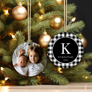 Black Chequered Plaid Personalized Monogram Photo Ceramic Ornament