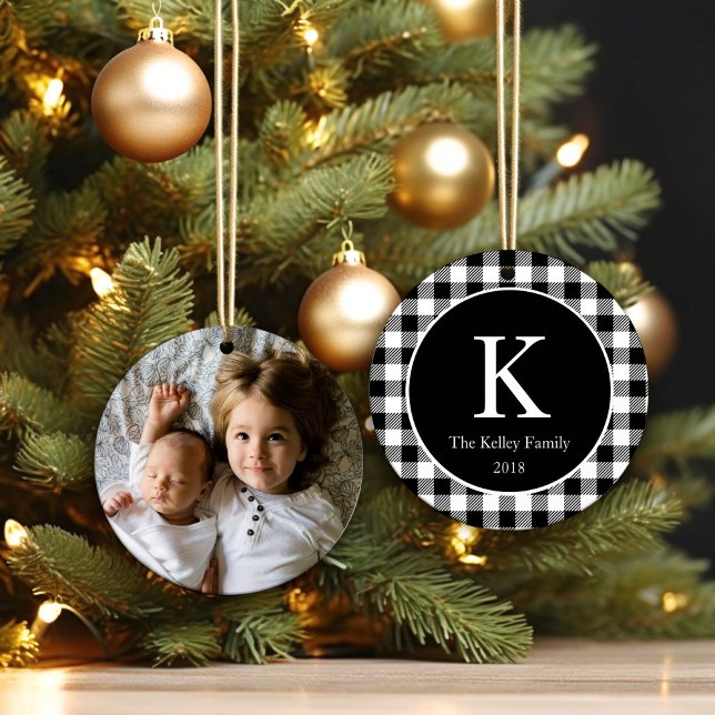 Black Chequered Plaid Personalized Monogram Photo Ceramic Ornament (Creator Uploaded)