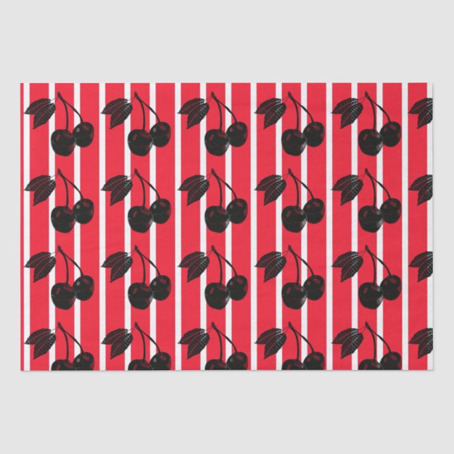 Black Cherries on Red and White Striped Tissue Paper (Front)
