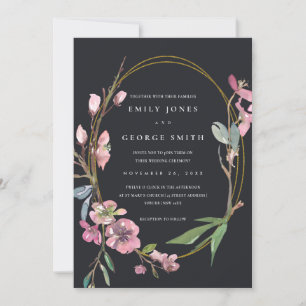 BLACK CHERRY BLOSSOM FLORAL WREATH WEDDING INVITE