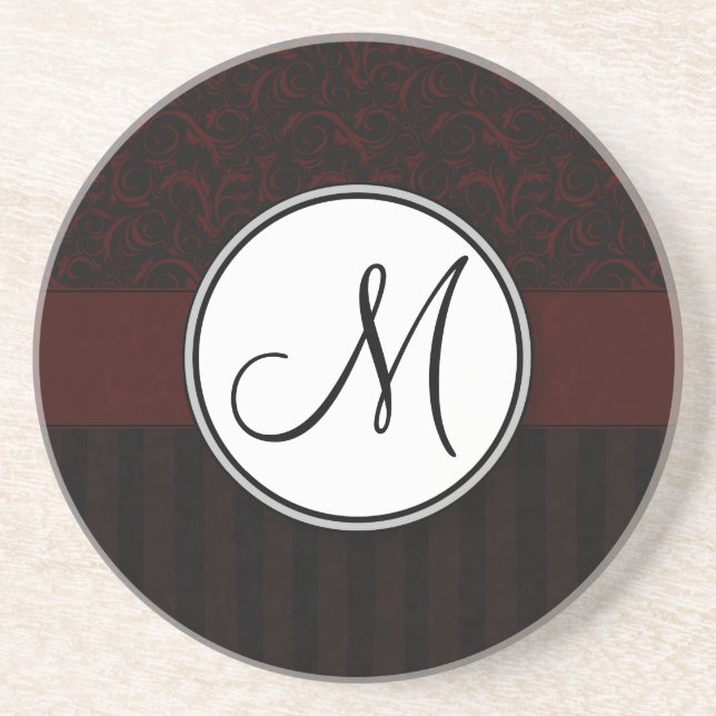 Black Cherry Floral Wisps & Stripes with Monogram Coaster (Front)