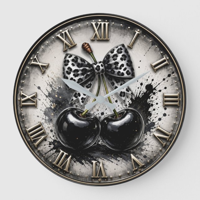 Black Cherry Modern Monochrome Kitchen Large Clock (Front)