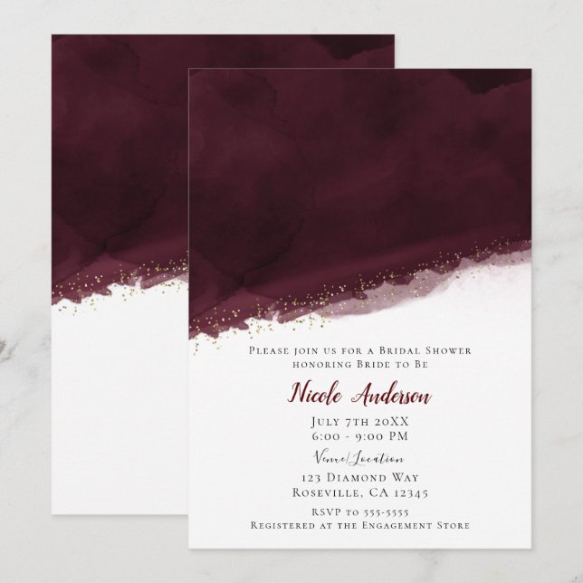 Black Cherry Watercolor Gold Modern Bridal Shower Invitation (Front/Back)