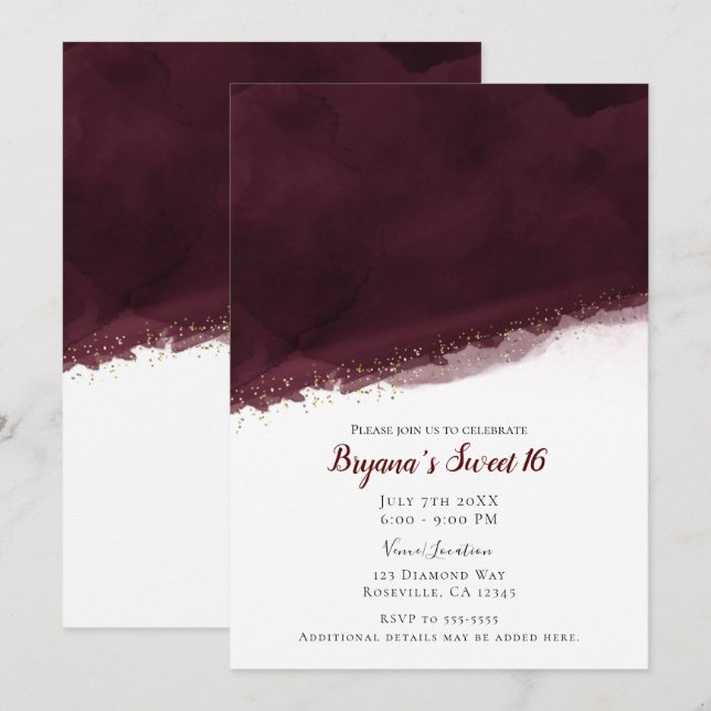 Black Cherry Watercolor Gold Modern Chic Sweet 16 Invitation (Front/Back)