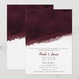 Black Cherry Watercolor & Gold Modern Chic Wedding Invitation