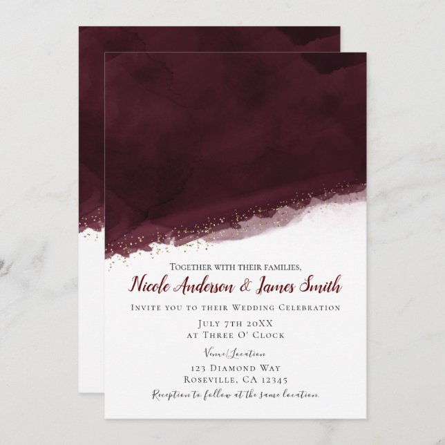 Black Cherry Watercolor & Gold Modern Chic Wedding Invitation (Front/Back)