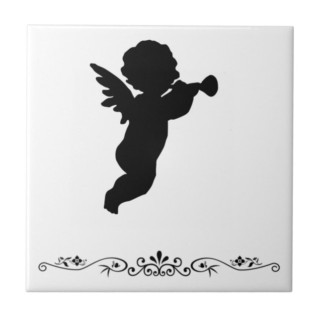 Black Cherub Silhouette On Coloured Background Tile (Front)