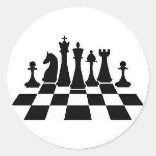 Black chess pieces on a chessboard classic round sticker
