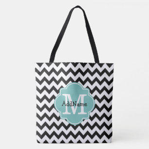 Black Chevron Aqua Monogram & Personalized Name Tote Bag