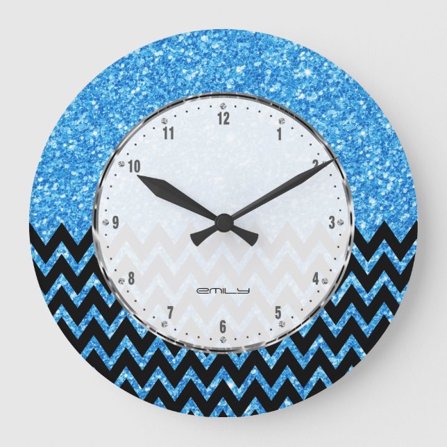 Black Chevron Blue Faux Glitter Large Clock (Front)
