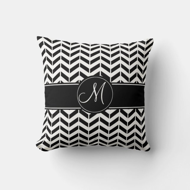 Black Chevron Geometric with Custom Monogram Throw Pillow (Front)