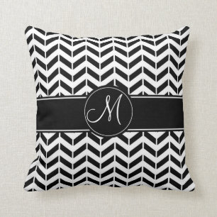 Black Chevron Geometric with Custom Monogram Throw Pillow