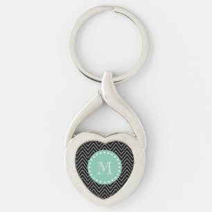 Black Chevron Pattern   Mint Green Monogram Keychain
