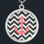 Black Chevron Pink Anchor Silver Plated Necklace<br><div class="desc">Black Chevron Pink Anchor</div>