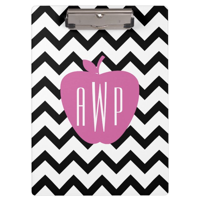 Black Chevron Pink Apple Monogram Teacher Clipboard (Front)