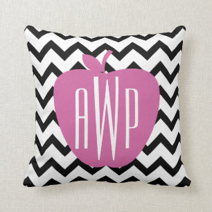 Black Chevron Pink Apple Monogram Teacher Throw Pillow