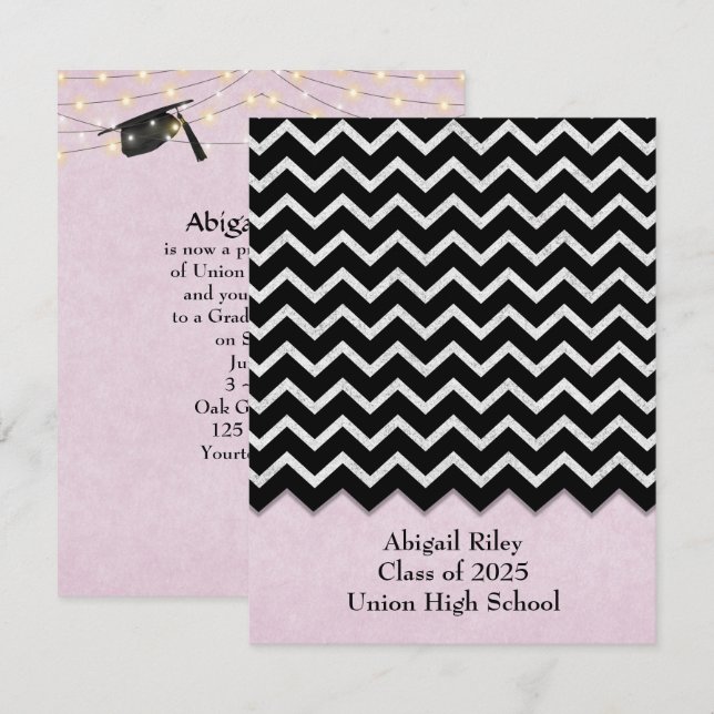 black chevron-pink blush Graduation Invitation (Front/Back)