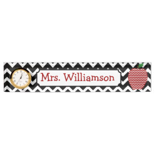 Black Chevron Red Apple Teacher Nameplate