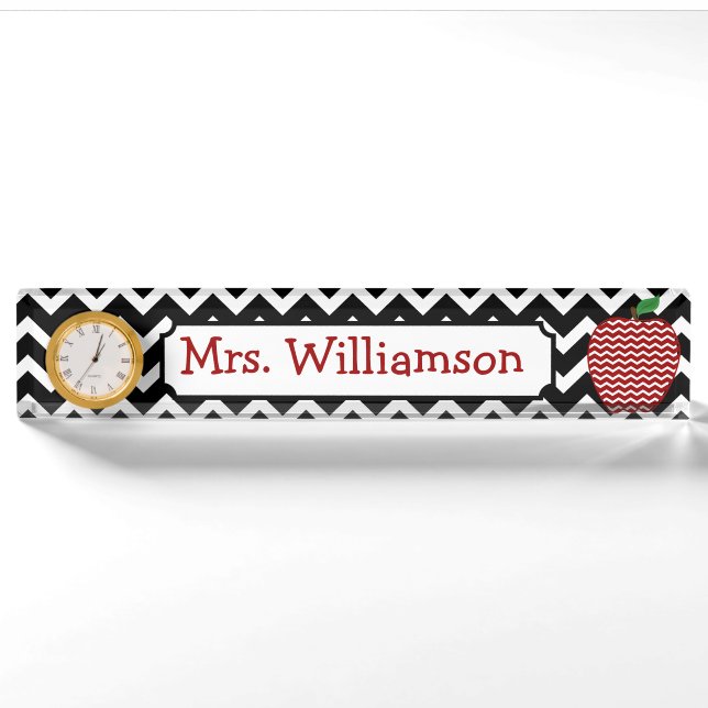Black Chevron Red Apple Teacher Nameplate (Front)