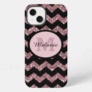 Black Chevron Rose Pink Glitter Monogram iPhone 13 Case