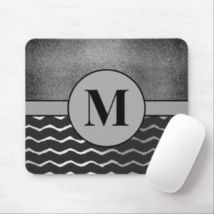 Black Chevron Silver Glitter Monogram Initial Mouse Pad