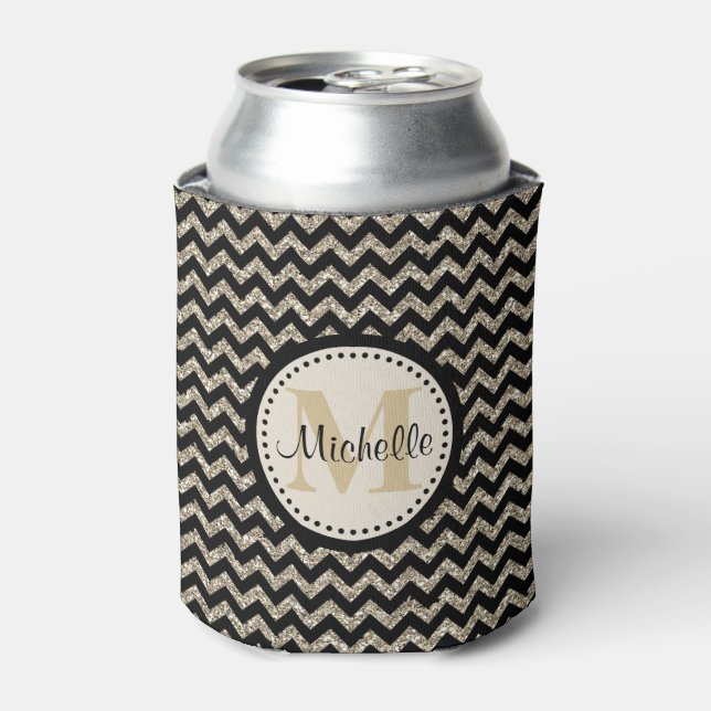 Black Chevron Silver Gold Personalized Can Cooler (Can Front)