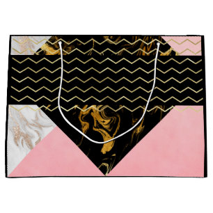 Black Chevron Stripes Marble Metallic Pink Gold Large Gift Bag