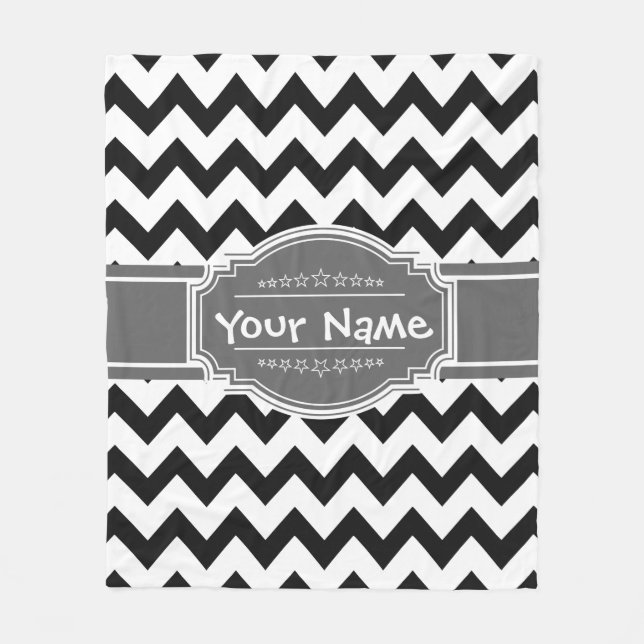 Black Chevron with Grey Personalized Name Fleece Blanket (Front)