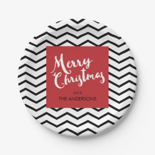 Black Chevrons & Red, Merry Christmas Personalized Paper Plate