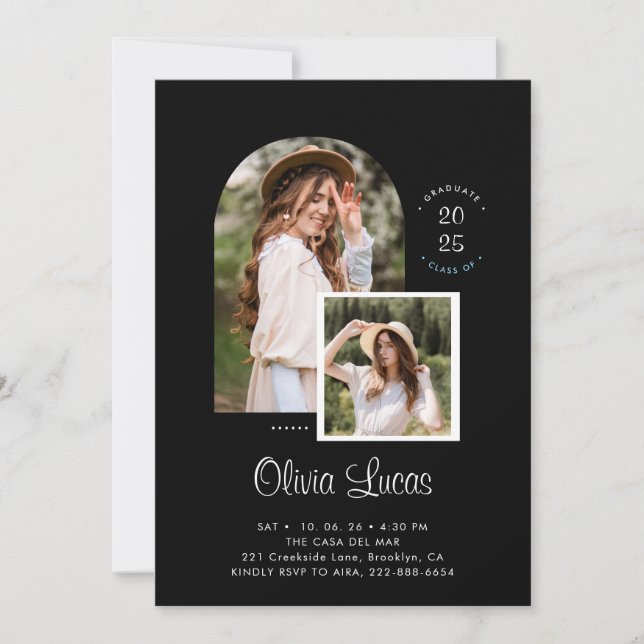 Black Chic Arch Photo Script Overlay Graduation Announcement (Front)