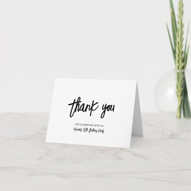 Black Chic Brush Script Birthday Party Thank you Card (Front)