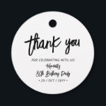 Black Chic Brush Script Birthday Party Thank you Favour Tags<br><div class="desc">This simple custom thank you tag will add stylish detail to your special day. This design features chic brush lettering script " Thank you" with custom text. You can personalized the text to any event. Matching milestone birthday invitations and party supplies are available in my shop BaraBomDesign.</div>