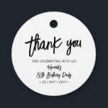 Black Chic Brush Script Birthday Party Thank you Favour Tags<br><div class="desc">This simple custom thank you tag will add stylish detail to your special day. This design features chic brush lettering script " Thank you" with custom text. You can personalized the text to any event. Matching milestone birthday invitations and party supplies are available in my shop BaraBomDesign.</div>