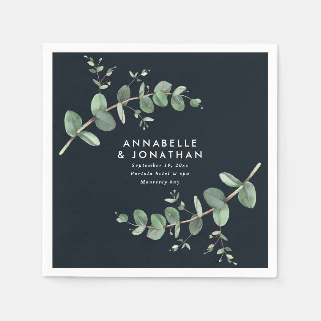 Black chic elegant eucalyptus foliage wedding napkin (Front)