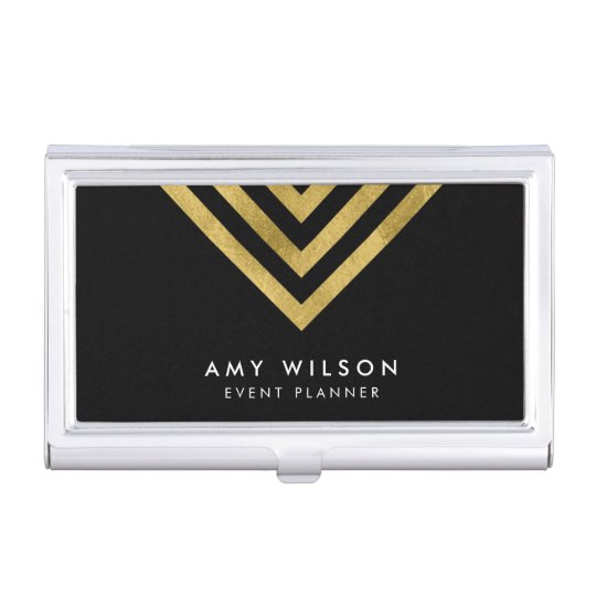 Black Chic Faux Gold Geometric Business Card Holder