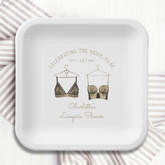 Black Chic Lace Watercolor Lingerie Bridal Shower  Paper Plate (Creator Uploaded)