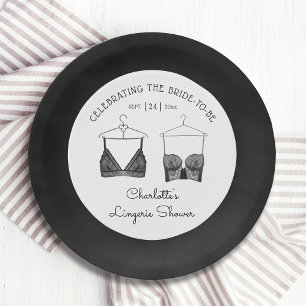 Black Chic Lace Watercolor Lingerie Bridal Shower Paper Plate