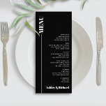 Black chic minimalist typography wedding menu card<br><div class="desc">This wedding menu card features a sleek and modern typography design, giving it a minimalist and elegant look. The card is expertly crafted in a sophisticated black colour, and a stylish vertical line adds a touch of sophistication along the left side. The clever placement of the word "MENU" creates a...</div>