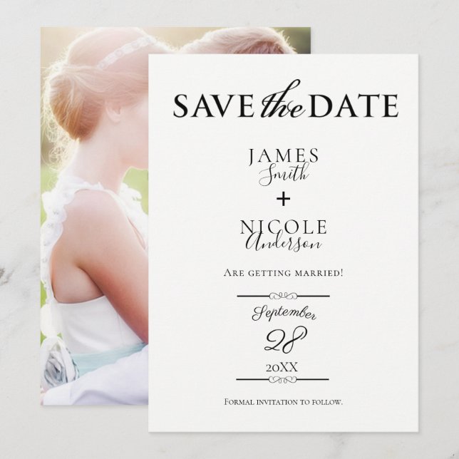 Black Chic Modern Minimal Full Photo Save the Date Invitation (Front/Back)