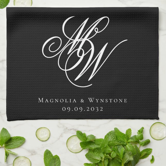 Black Chic Monogram Wedding Kitchen Towel (Folded)