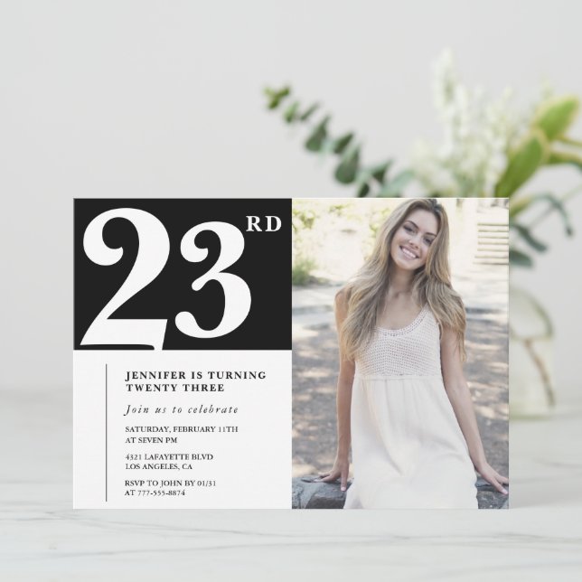 Black Chic Photo 23rd birthday Invitations (Standing Front)