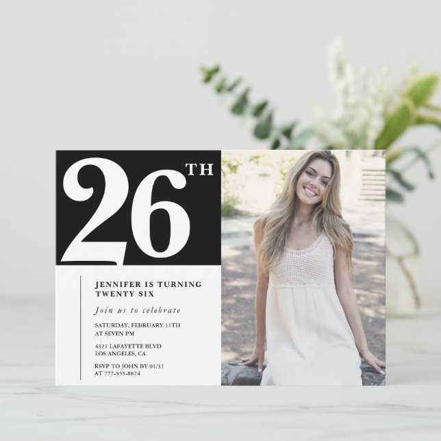 Black Chic Photo 26th birthday Invitations (Standing Front)