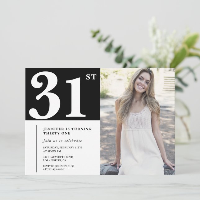 Black Chic Photo 31st birthday Invitations (Standing Front)