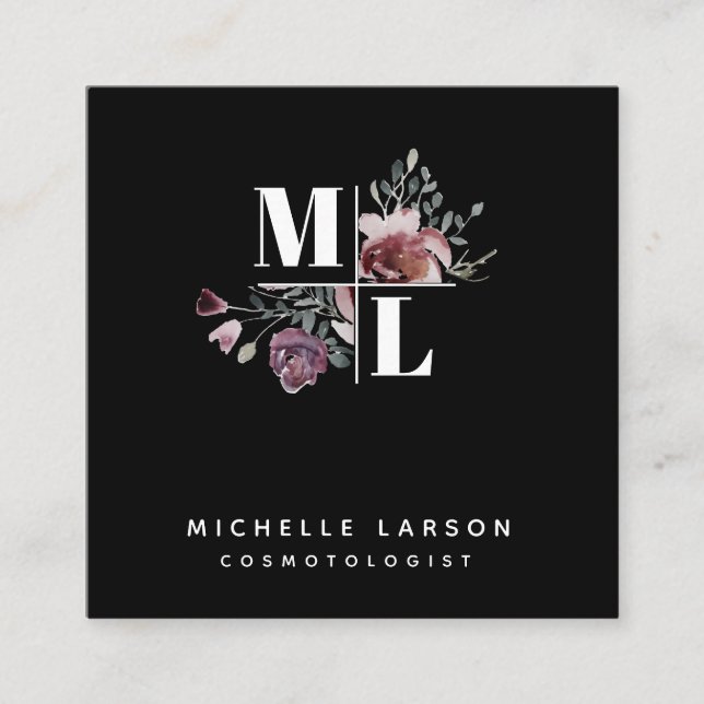 Black Chic Square Floral Monogram Business Card (Front)