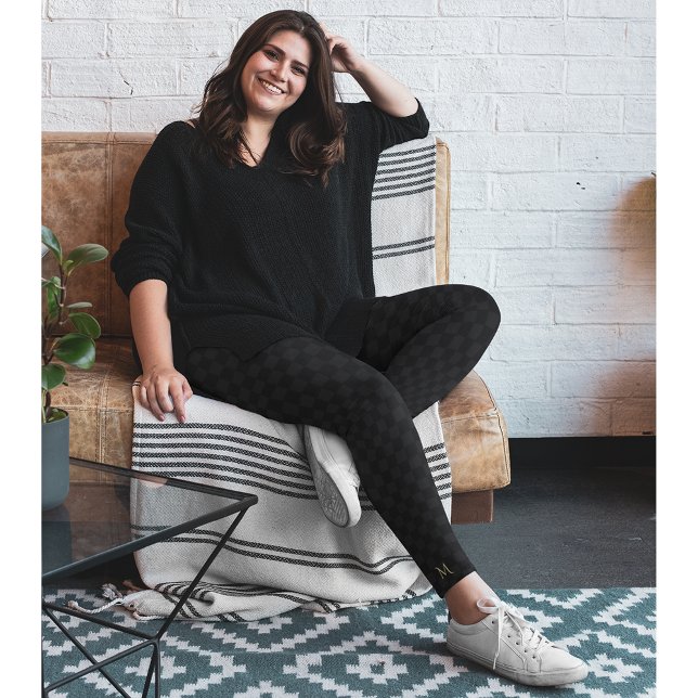 Black Chic Stylish Chequered Pattern Monogrammed Leggings (Black Chic Stylish Checkered Pattern Monogrammed Leggings)